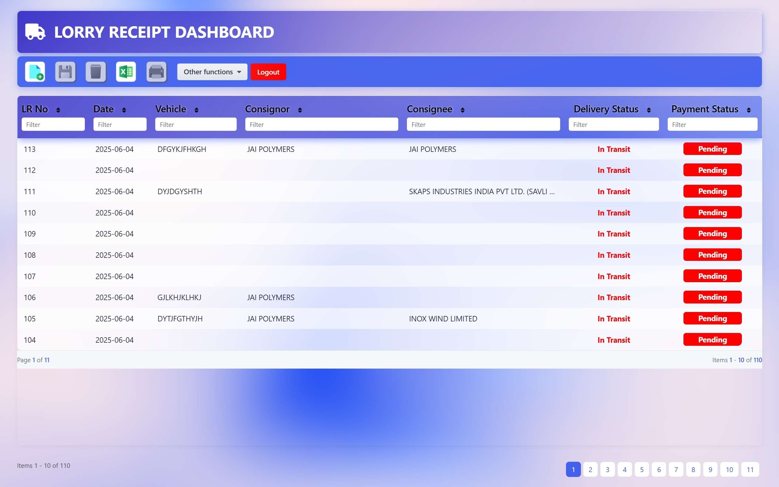 Lorry Receipt Dashboard Screenshot - Darshan Limbani