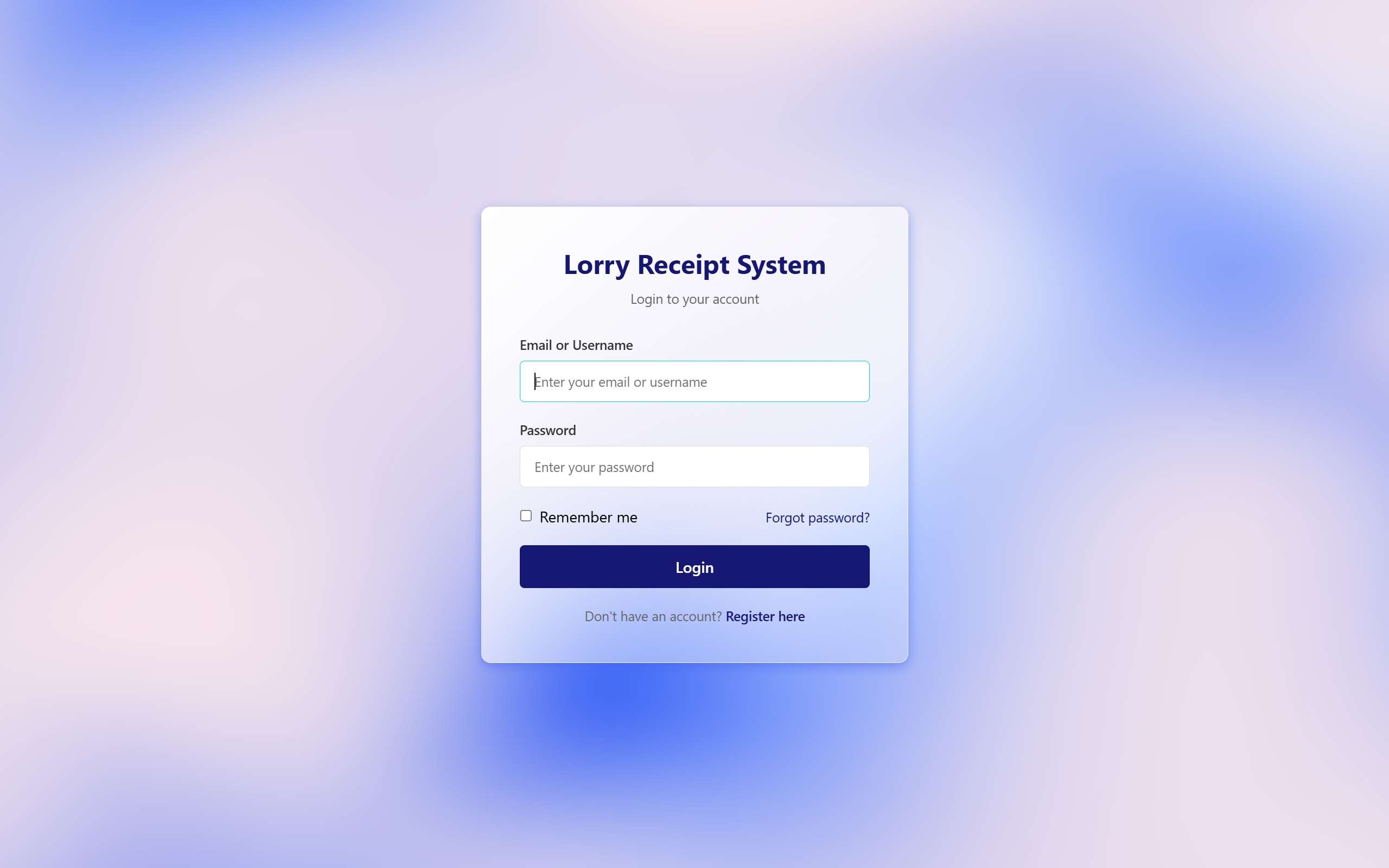 Lorry Receipt Login Page Screenshot - Darshan Limbani