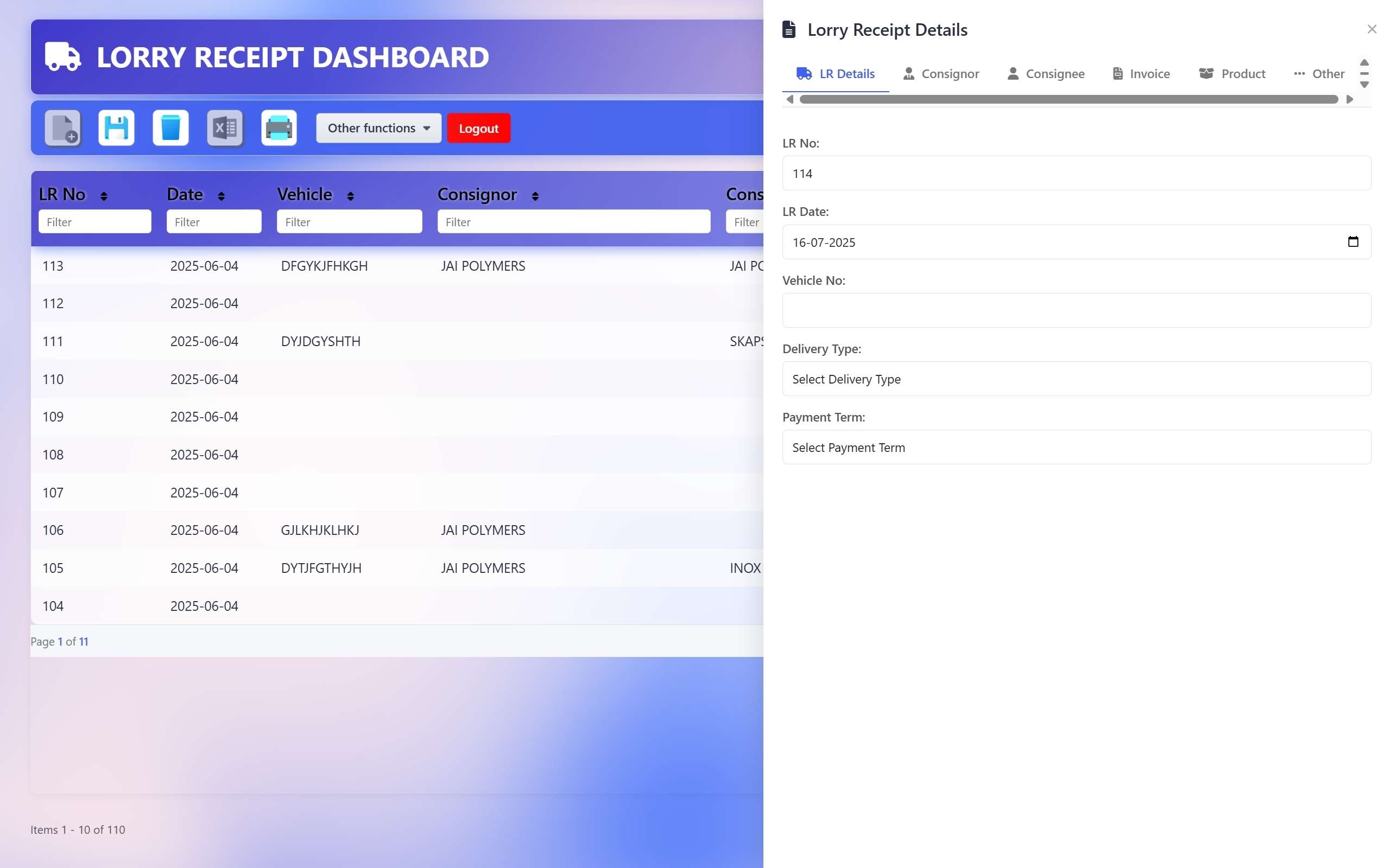 Lorry Receipt Dashboard Screenshot - Darshan Limbani