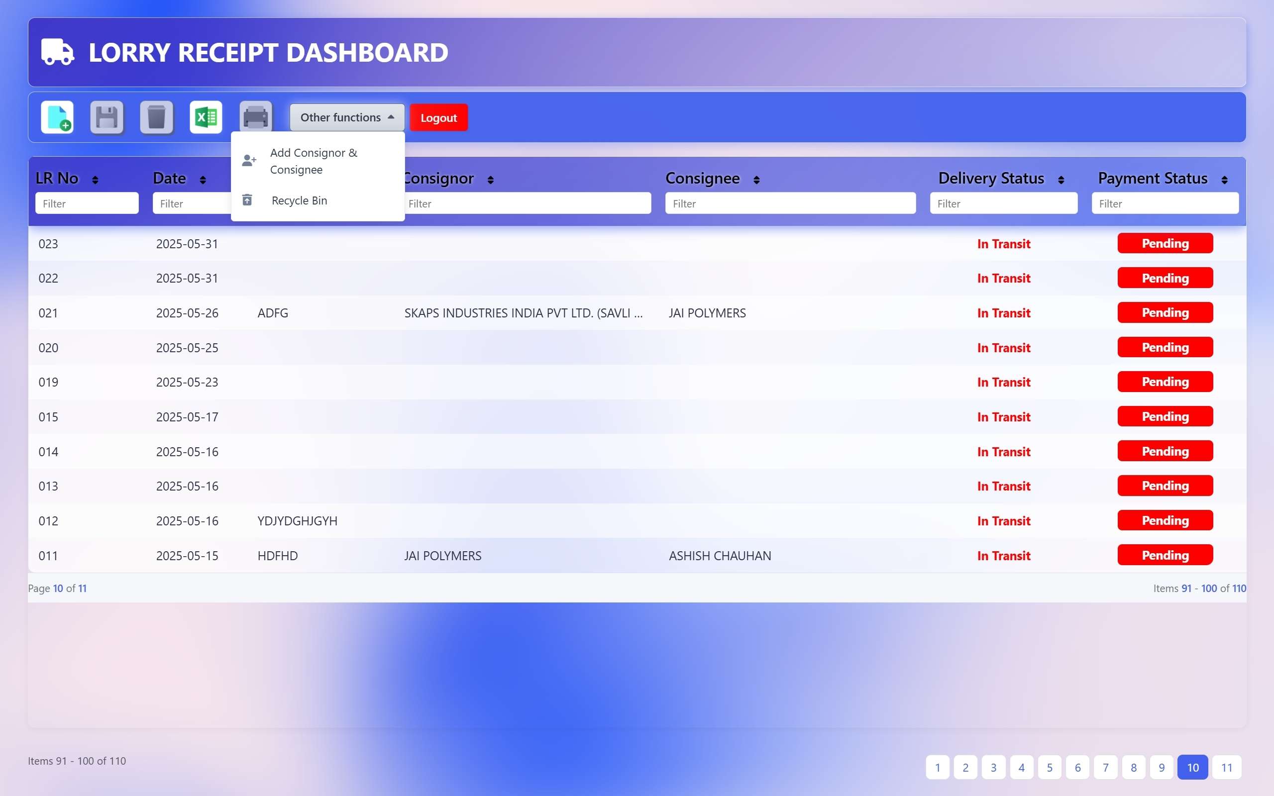 Lorry Receipt Dashboard Screenshot - Darshan Limbani