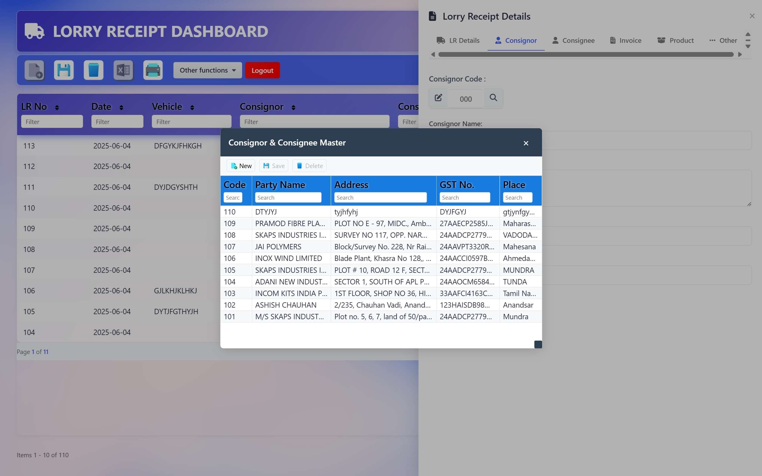 Lorry Receipt Dashboard Screenshot - Darshan Limbani