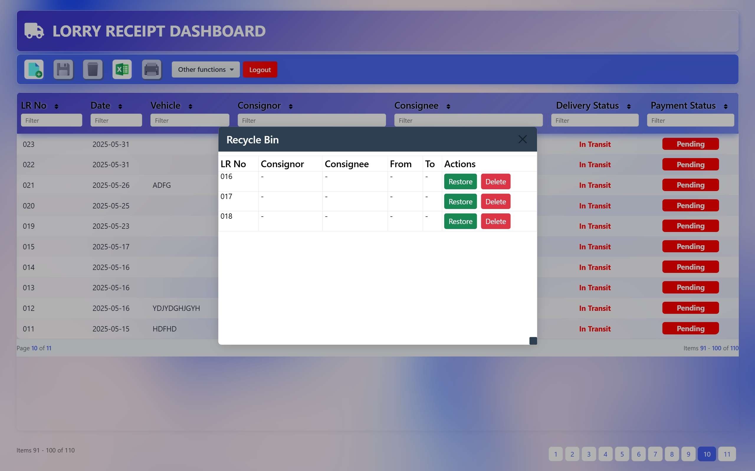 Lorry Receipt Dashboard Screenshot - Darshan Limbani